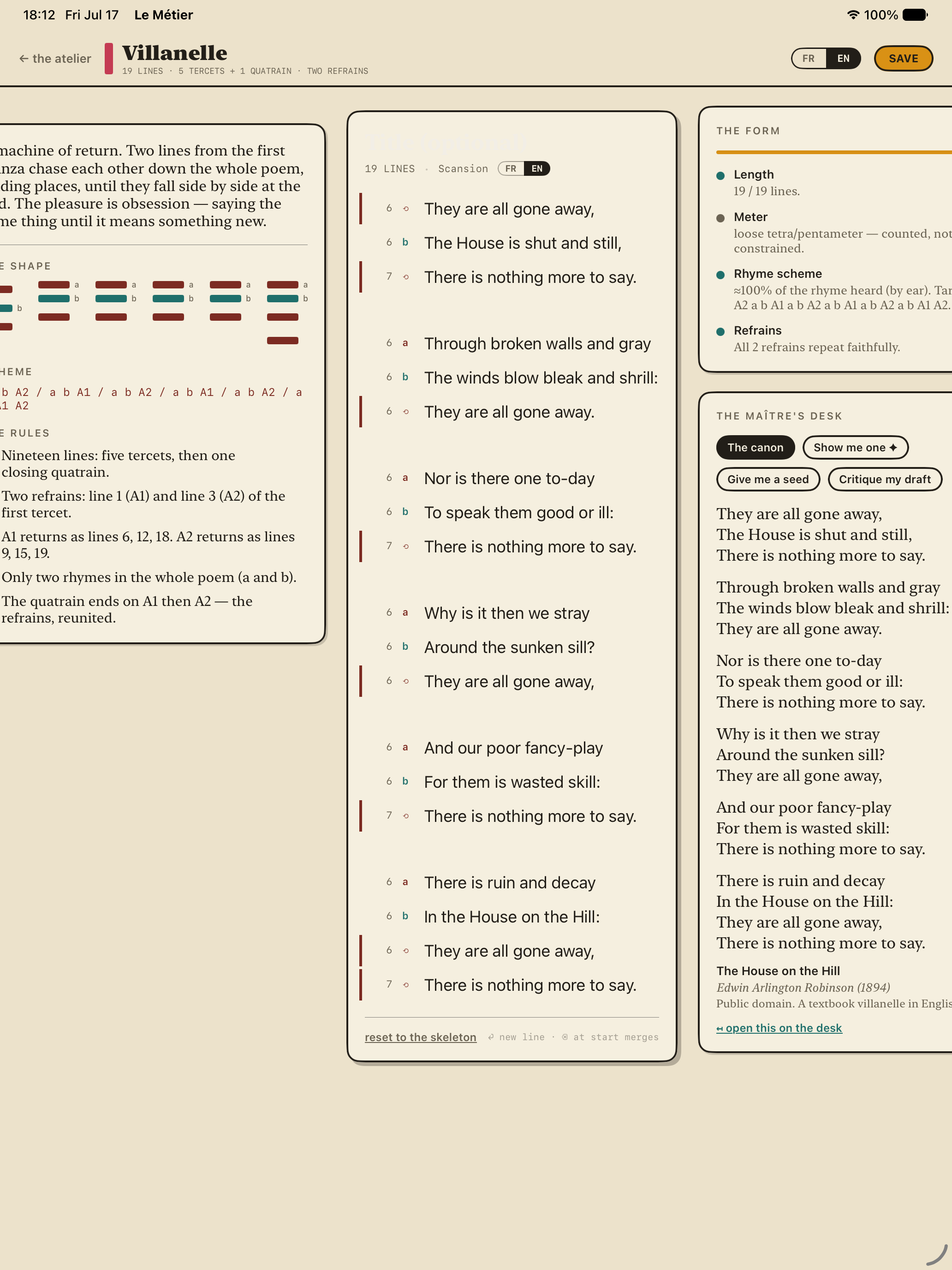 Le Métier — scansion en direct sur une villanelle / Le Métier — live scansion on a villanelle